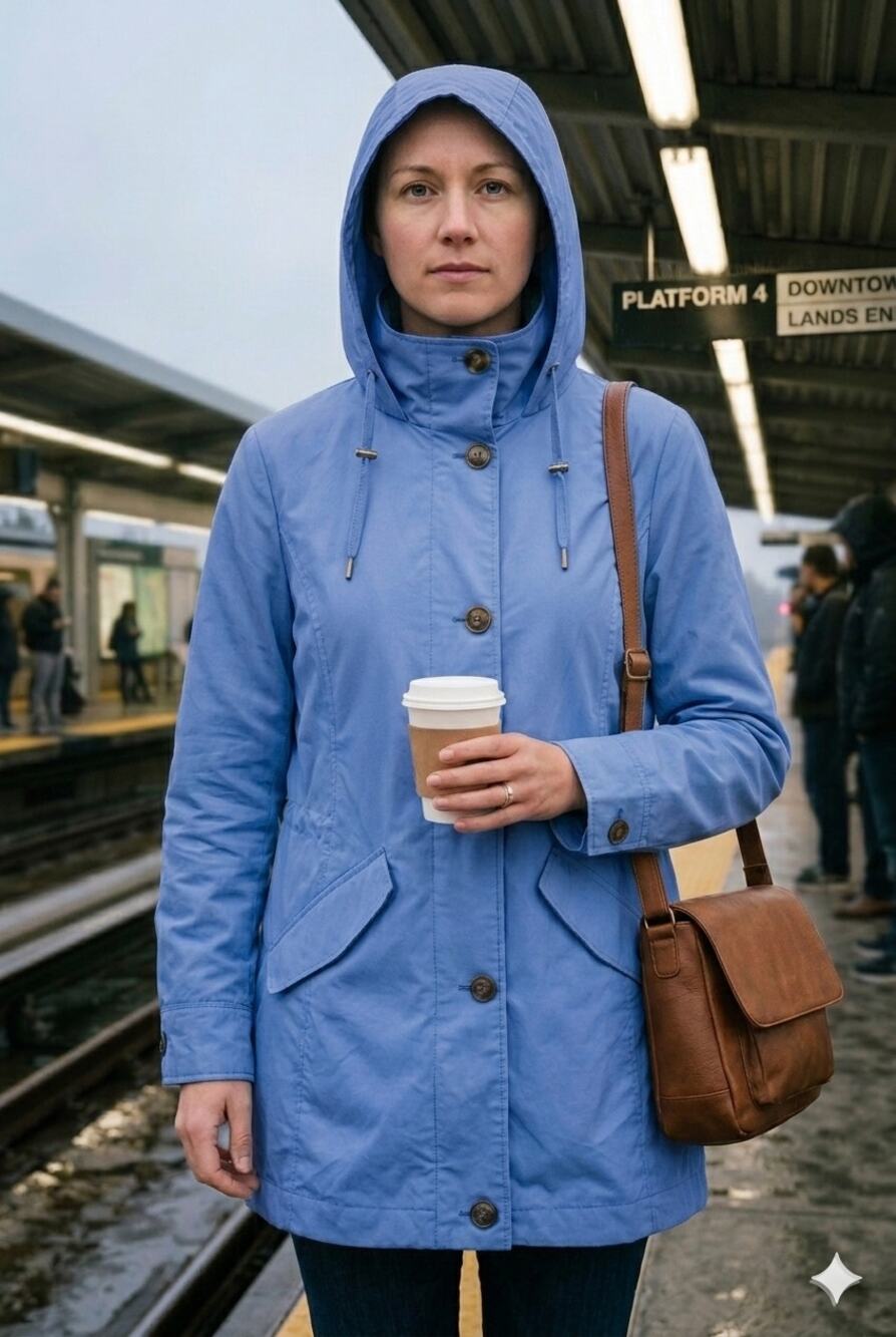 Lands End Lightweight Long Nylon Rain Jacket Blue Button Up Womens Small Tall ST